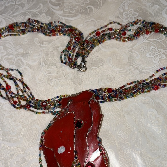 Handcrafted used multicolor Beaded Necklace w/lg. red metal hang dec. 8 strands - Picture 3 of 10